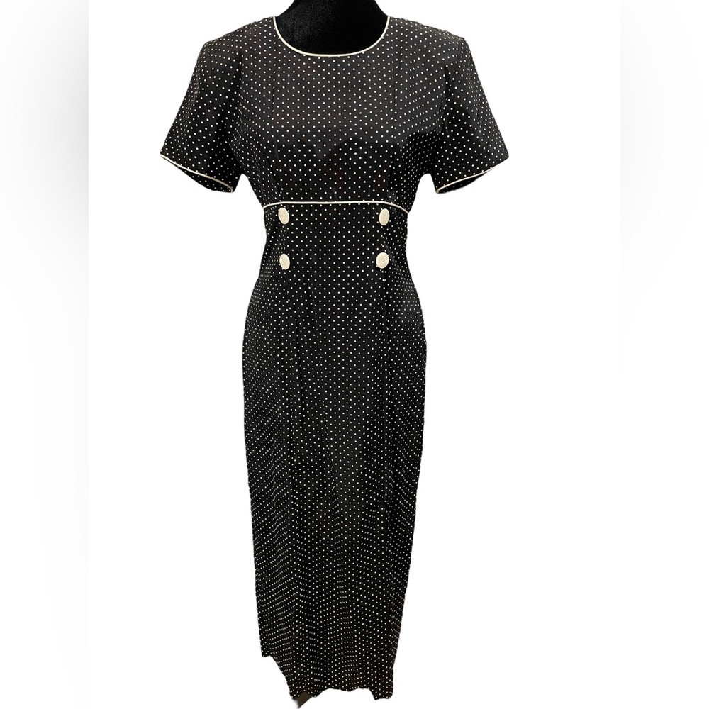 My Michelle Vintage 80s Black White Satin Polka Dot Pinup Glam Midi Dress